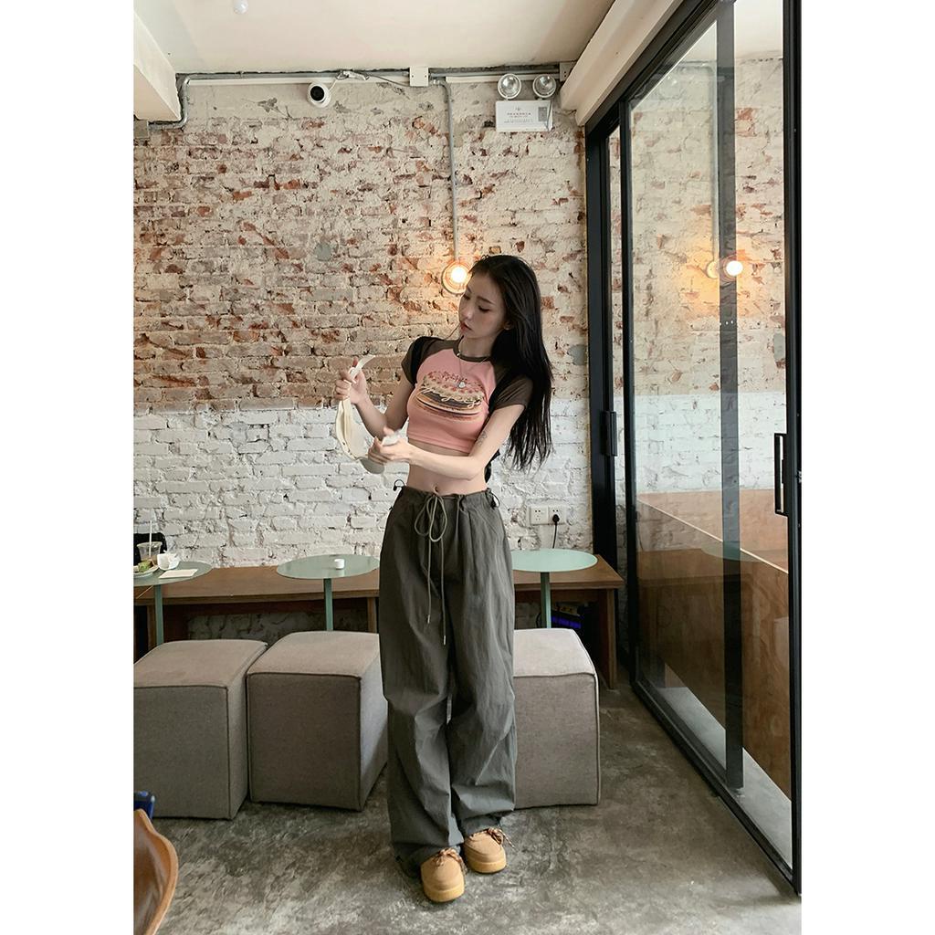 Áo Thun Ngắn Mỏng Dáng Rộng Thiết Kế Dây Rút Phong Cách retro Mỹ Cho Nữ