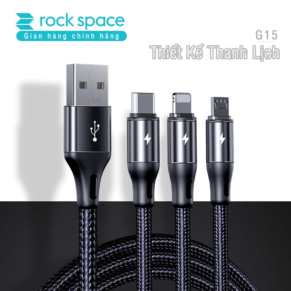 Cáp sạc Rockspace G15 dây dù 3 cổng Lightning / Micro USB/ chuẩn C sạc 3 thiết bị cùng lúc,sạc nhanh, hàng chính hãng