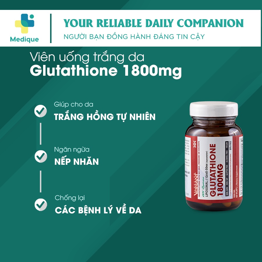 Trắng da Glutathione 1800mg Mỹ, Làm đẹp nâng tông Chống Oxy hoá Tàn nhang, 60 Viên