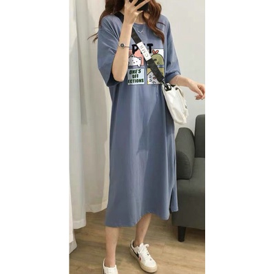 Đầm bầu thun cotton họa tiết ô vuông mèo hoạt hình xinh xắn Váy cổ tròn ngắn tay thoáng mát