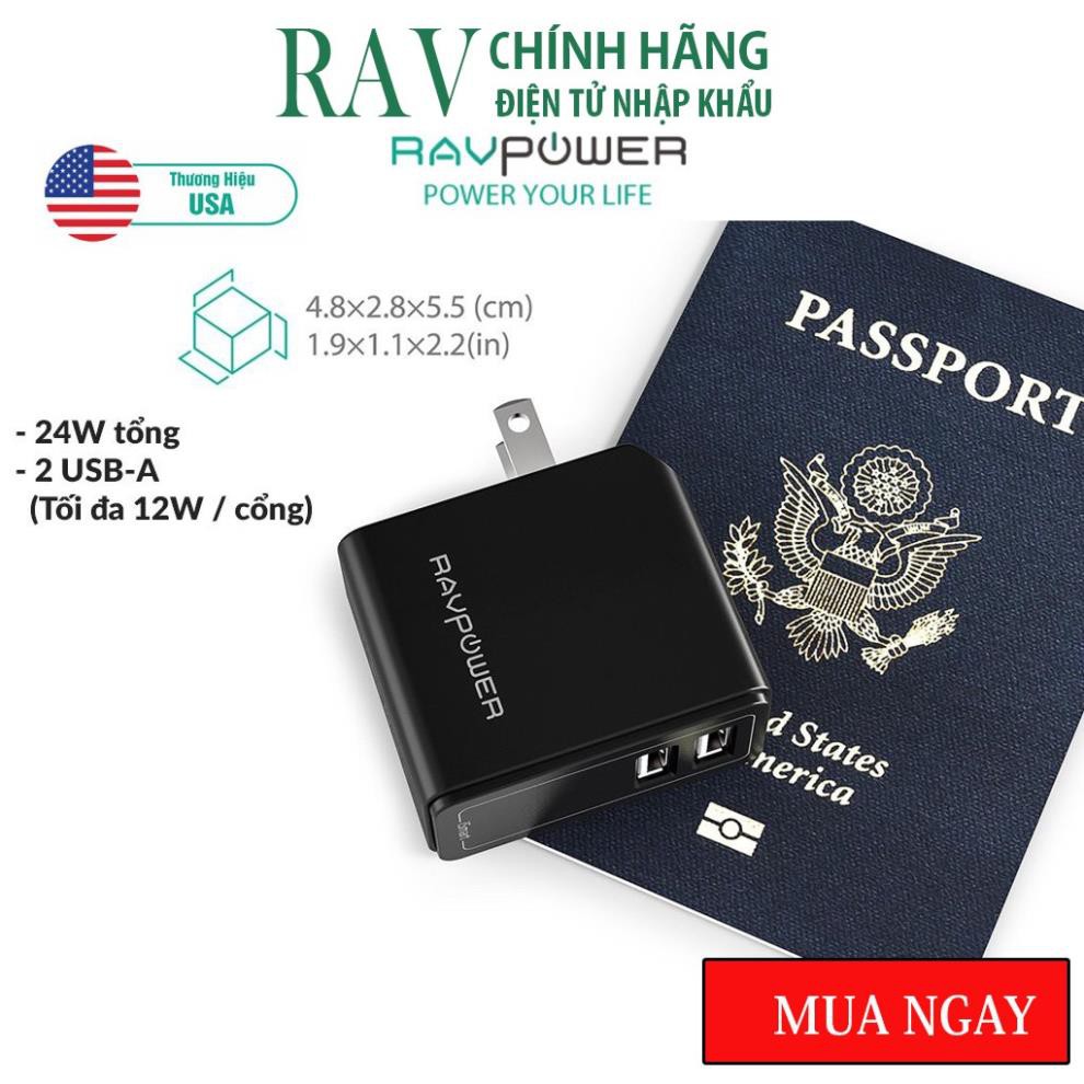 Sạc iPhone RAVPOWER RP-PC019 24W - 02 cổng iSmart 2.0 5V-4.8A- Cốc sạc 2 cổng hàng chính hãng- Thương hiệu USA