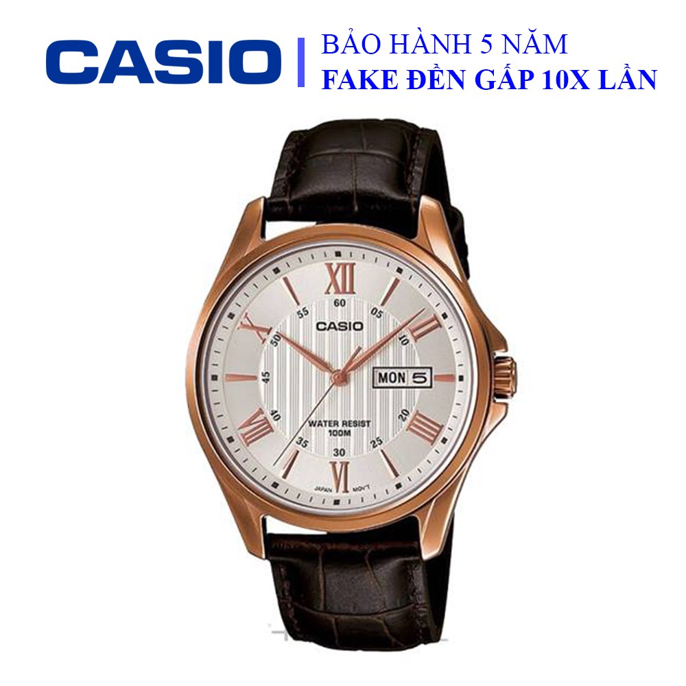 Đồng hồ Casio nam dây da thể thao, mặt trắng viền vàng sang trọng,số la mã đẳng cấp, chống nước WR100M (MTP-1384L-7AVDF)