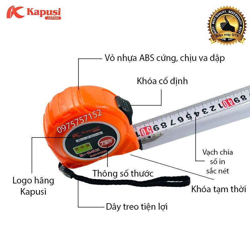 Thước rút, thước cuộn thép đa năng Kapusi Nhật Bản, vỏ nhựa ABS chống sốc, số in sắc nét, 2 chế độ dừng thao tác nhanh