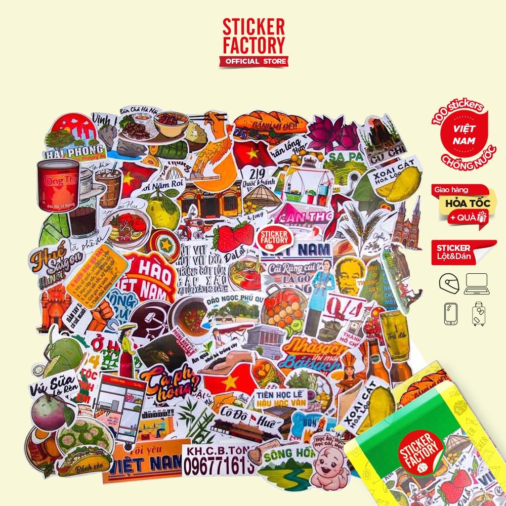 VIỆT NAM ĐIỂM LÊN NHỮNG TỰ HÀO [MẪU ĐỘC QUYỀN ]- Hộp 100 sticker hình dán nón bảo hiểm, laptop, xe máy - STICKER FACTORY