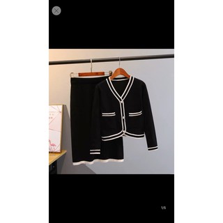 Set áo khoác len chân váy kẻ