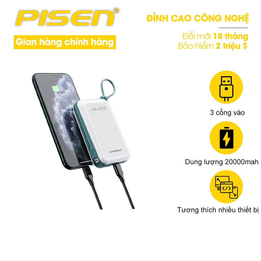 Sạc dự phòng PISEN Quick QP 20W 10000mAh - (LS-DY13) - Tích hợp cáp Lightning- Hàng chính hãng