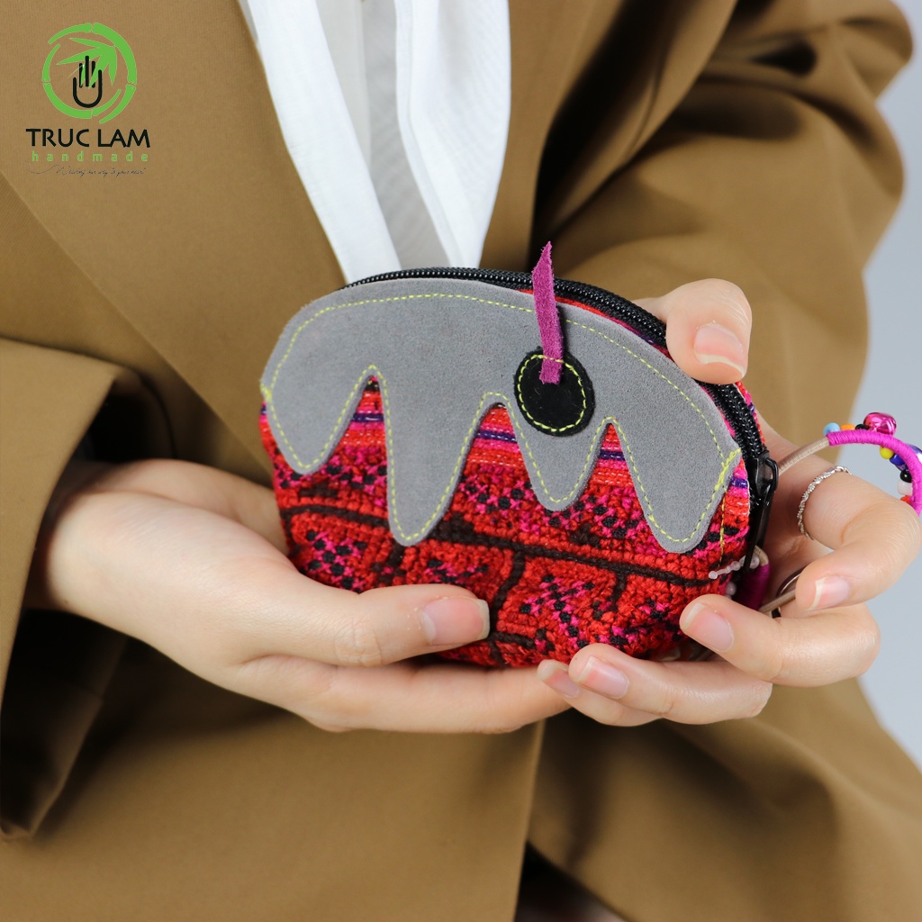 Ví Cầm Tay Nữ VÍ Sò Cầm Tay Vải Thổ Cẩm Phối Vải Da Lộn Có Gắn Vòng Chuông (A) - Trúc Lâm Handmade