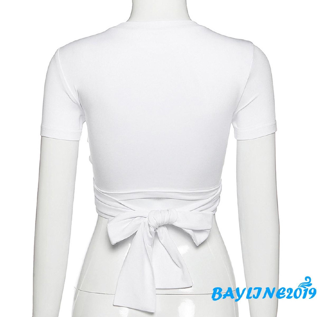 Áo Thun Thân Ngắn Cổ Tròn Hở Eo Màu Trơn Xinh Xắn Cho Phụ Nữ