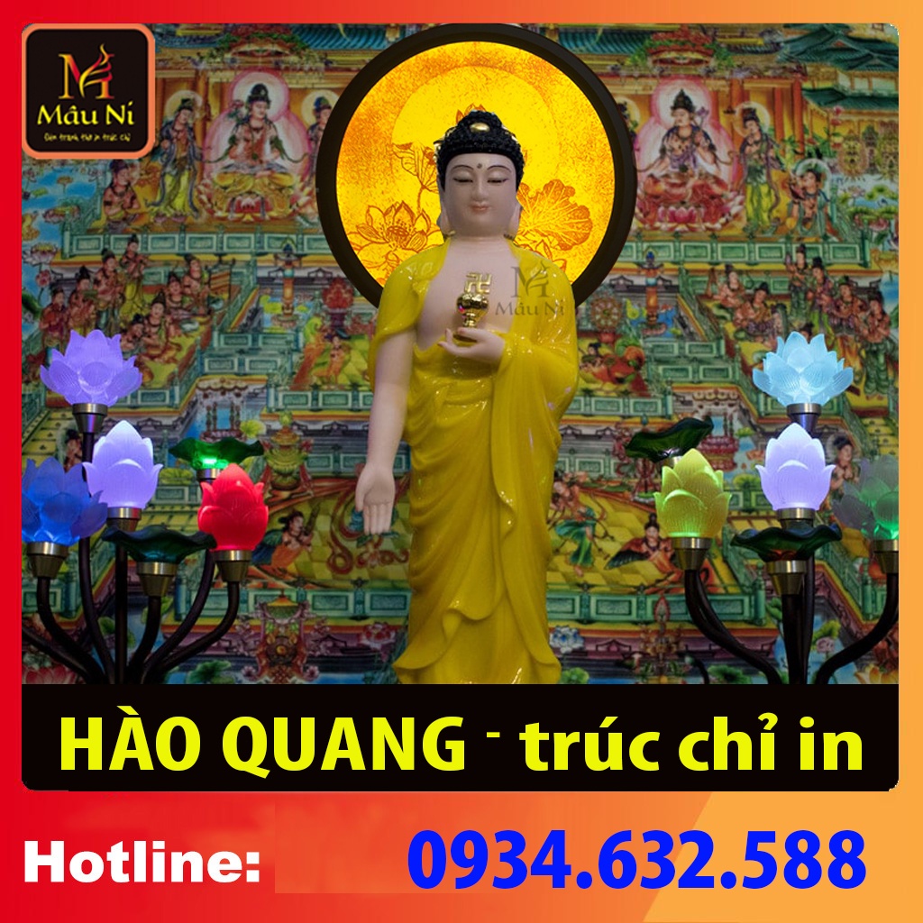 Đèn thờ hoa sen tranh trúc chỉ, đèn trang trí bàn thờ, hào quang cho tượng phật MÂU NI 198 IN TRÚC CHỈ, khung sắt, 30cm