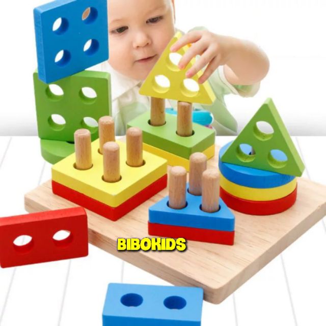 Đồ chơi xếp hình 4 cọc trụ hình khối bằng gỗ