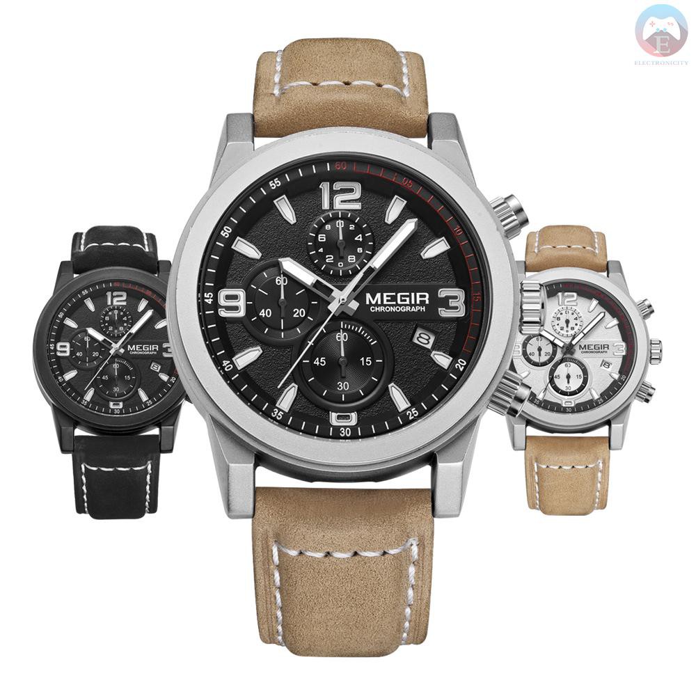 Ê MEGIR Classic Well Made Soft Genuine Leather Analog Quartz Wristwatch 3ATM Water Resistant Man Watch with Sub-dial