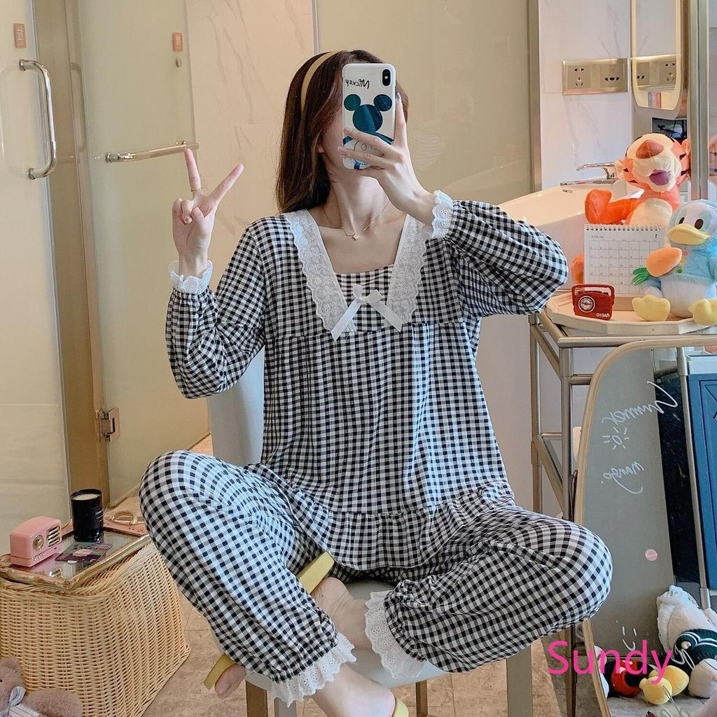 Bộ đồ ngủ tay dài kẻ sọc thời trang đáng yêu cho nữ