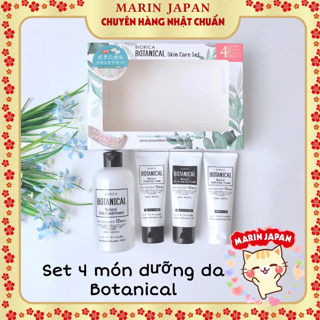 Bộ 4 món skincare cơ bản Biorica Botanical Nhật Bản gồm nước hoa hồng, tẩy trang, gel dưỡng, tẩy trang