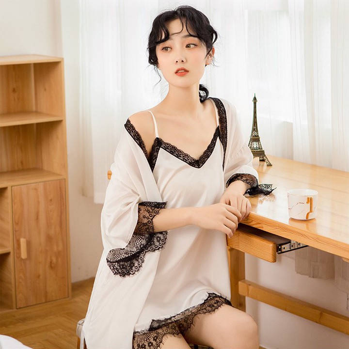 Set áo choàng ngủ lụa sexy kiểu kimono