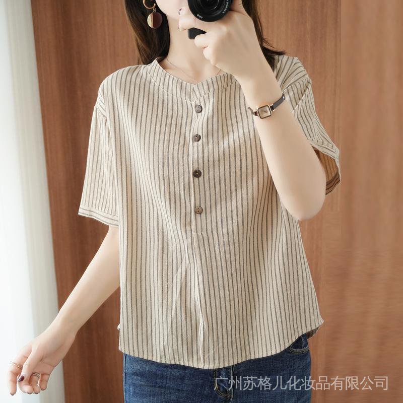 Áo Thun Cotton Lanh Mỏng Mùa Hè Dáng Suông Tay Cộc Kẻ Sọc Dọc Màu Trơn Kiểu Dáng Mới Cho Nữ 2022