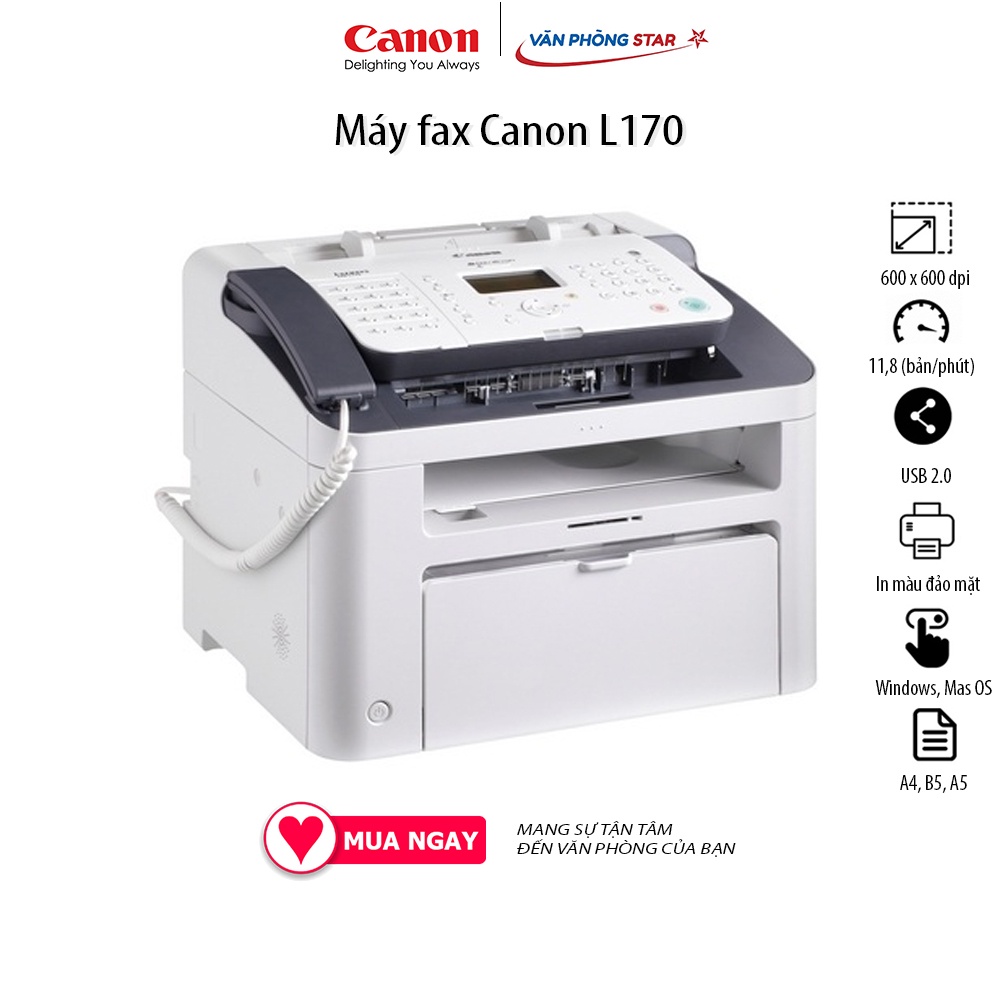 Máy fax laser đa năng Canon L170 Fax - Copy - In, Tốc độ18 trang/phút, 600 dpi x 600 dpi, ADF, USB 2.0 High Speed