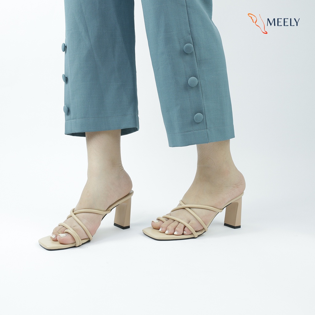 Dép Cao Gót Nữ 8P Mũi Vuông Phối Dây Quay Mảnh Nhiều Màu Cao 8cm MEELY - Y455
