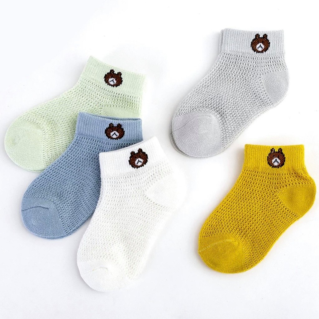 [RẺ NHẤT] Vỉ 5 đôi tất lưới mặt gấu nhiều màu cho bé Baby Socks