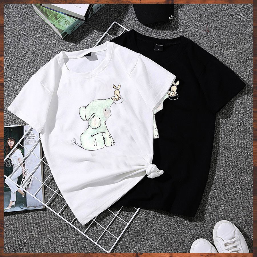 Áo thun unisex tay lỡ form rộng voi và thỏ dễ thương vải dày mịn 2020TN1048