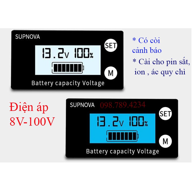 Bộ hiển thị điện áp, % điện áp 8v-100v có còi báo, màn LCD