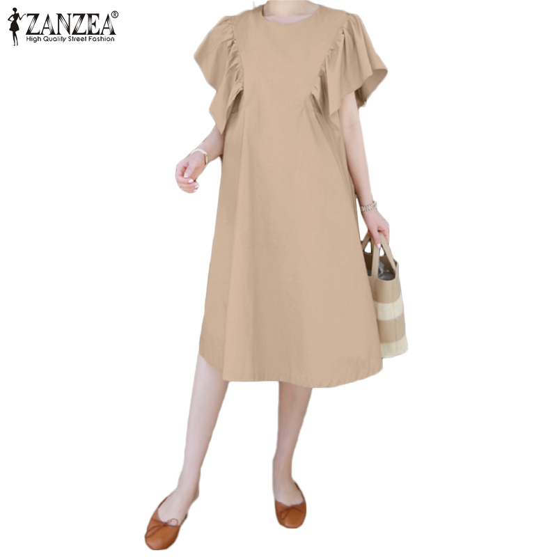 Đầm Midi ZANZEA Tay Ngắn Nhún Bèo Cổ Tròn Nút Gài Lưng Màu Trơn Thời Trang Đường Phố Cho Nữ