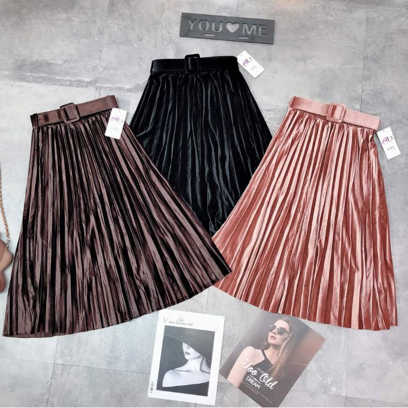 Chân váy dài xếp ly vải nhung