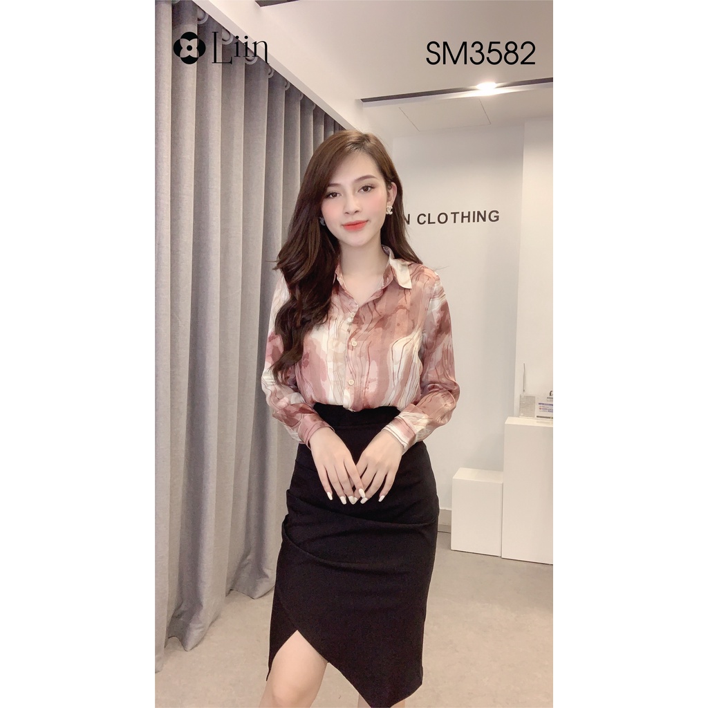 Áo sơ mi nữ chất Lụa đẹp họa tiết Vân Hồng cách điệu xinh xắn Liin Clothing SM3582