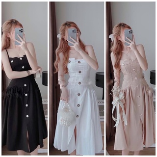 ✨BÁN SỈ✨Đầm 2 dây cúc thân 3 màu chất đũi tằm