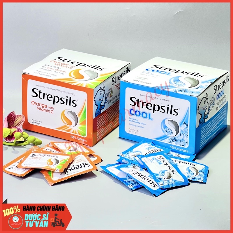Viên ngậm Giảm ho, Giảm đau họng  STREPSILS Cool thông cổ / Orange with vitamin C hộp 50 góix2 viên - Minpharmacy