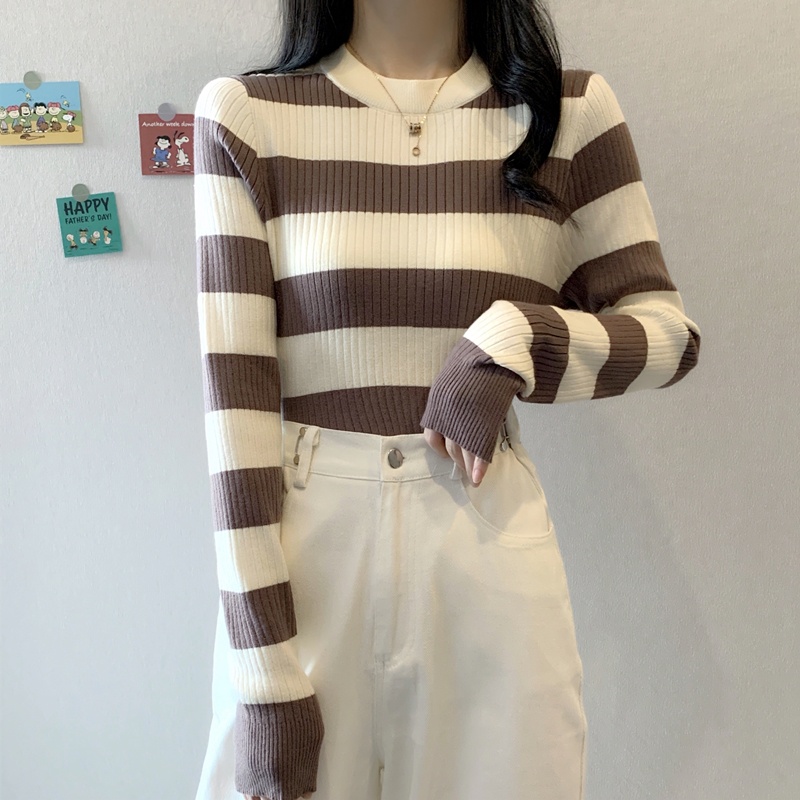 622342#Áo Thun Tay Dài Dáng Ôm Họa Tiết Kẻ Sọc Thời Trang Xuân Thu