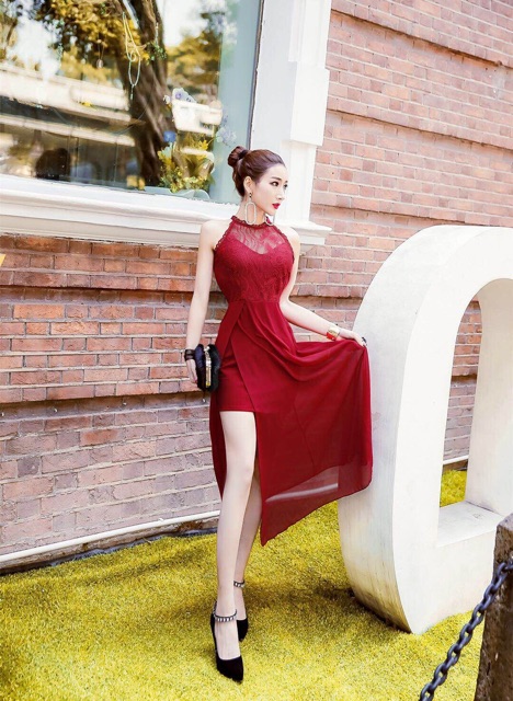 Đầm dự tiệc cổ yếm tôn dáng phối ren cao cấp sang trọng