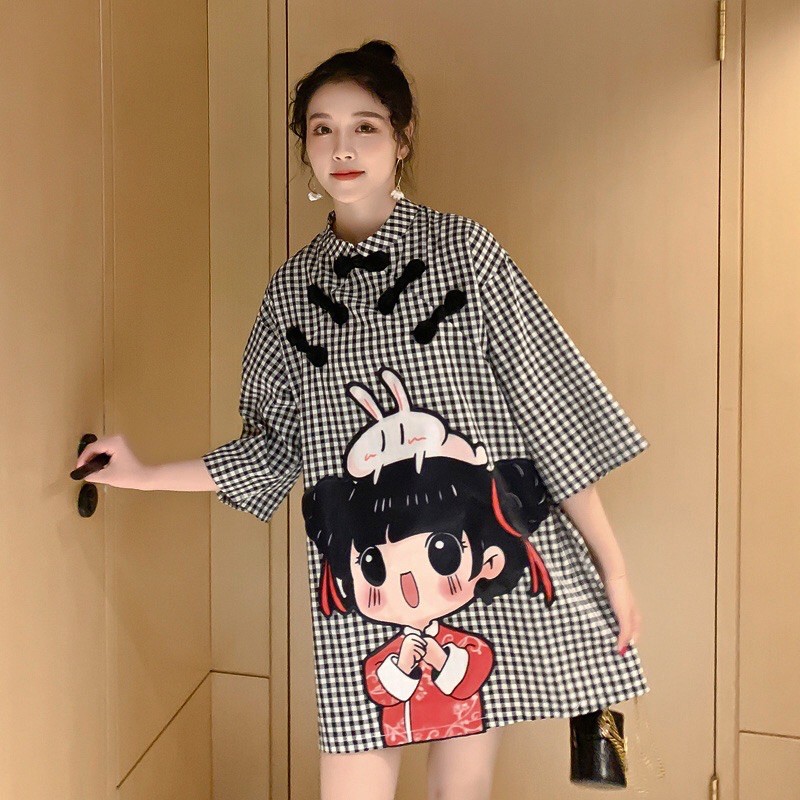 Sườn Xám Caro Hoạt Hình Dáng Suông Rộng | BigBuy360 - bigbuy360.vn