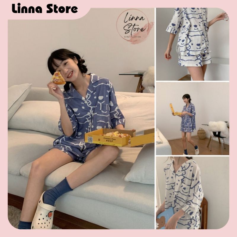 Bộ Ngủ Nữ Cộc Hình Gấu 🦋 Set Áo Cúc Cài Quần Ngắn Họa Tiết 2 Màu 🦋