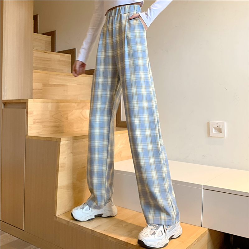 SUXI Quần Dài Lưng Cao Ống Rộng Họa Tiết Sọc Caro Cho Nữ