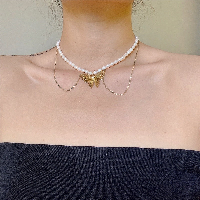 Dây chuyền mặt bướm ngọc trai nhân tạo treo dài cổ trang