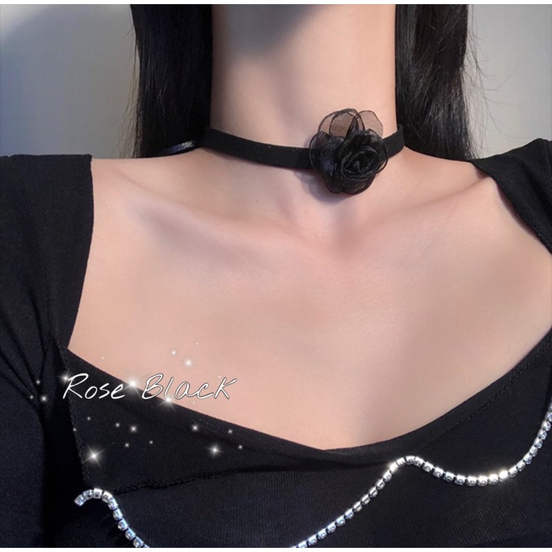 Vòng cổ choker hoa hồng đen voan mã 986-A