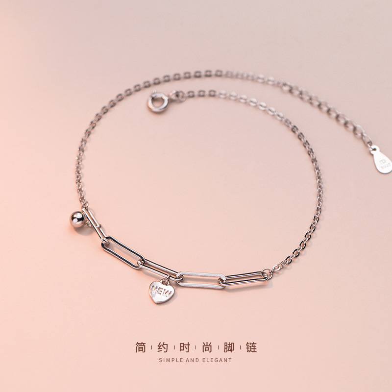 Lắc Chân Mạ Bạc 925 Hình Trái Tim Và Chữ Đơn Giản Phong Cách Hàn Quốc