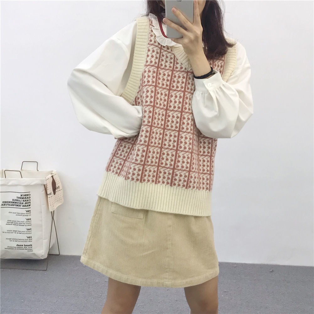 Áo khoác ghi lê dệt kim cổ V sọc caro thời trang Hàn Quốc cho nữ