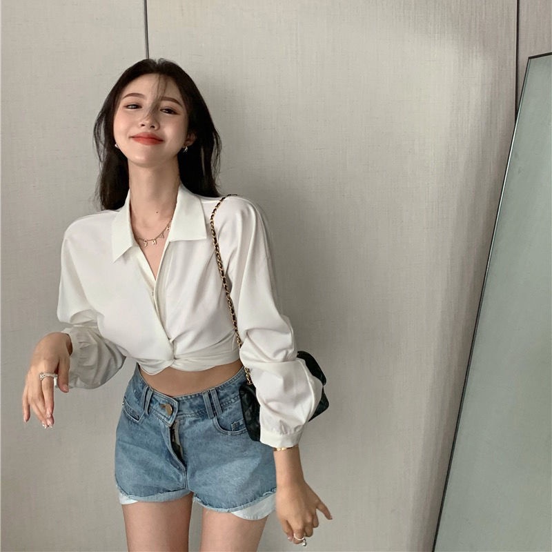 COZOK Áo sơ mi tay dài cổ chữ V dáng ôm thời trang cho nữ