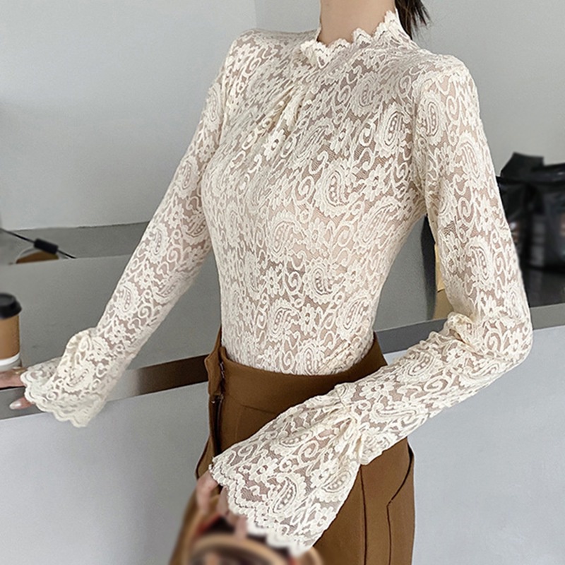 Áo thun cổ lọ tay loe phối ren dáng ôm thời trang mùa thu cho nữ