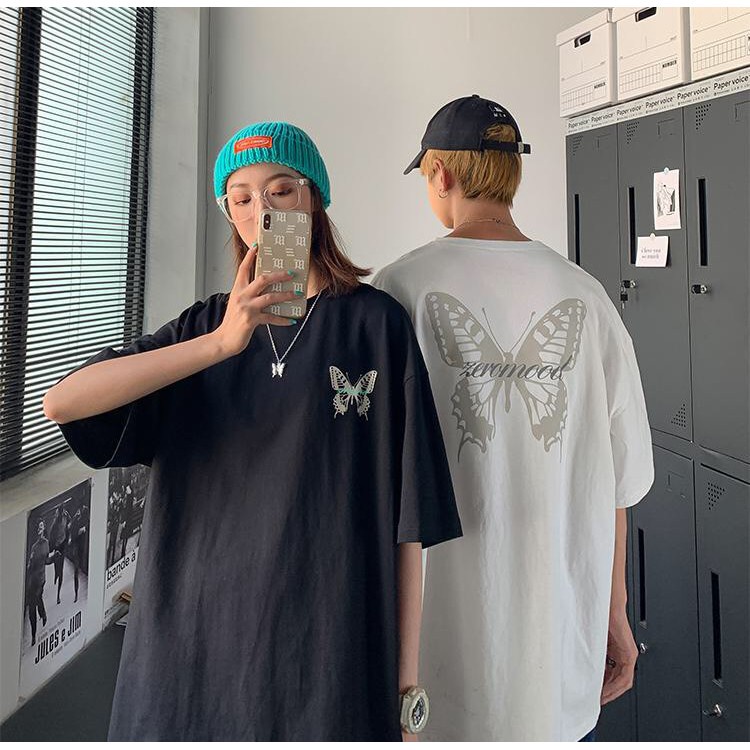 ÁO THUN UNISEX TAY LỠ HOẠ TIẾT BƯỚM TRẮNG ĐEN FORM TO
