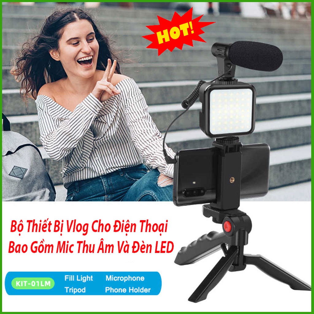 Bộ thiết bị Vlog cho điện thoại bao gồm mic thu âm và đèn LED Maono AU-CM11PL - Gậy livestream, quay phim, chụp ảnh