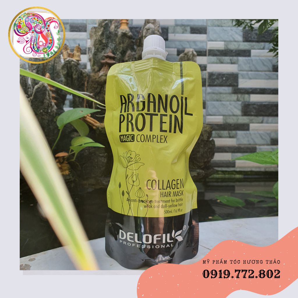 Hấp dầu dưỡng ẩm Collagen Hair Mask Delofil Argan Oil Protein 500ml (túi)