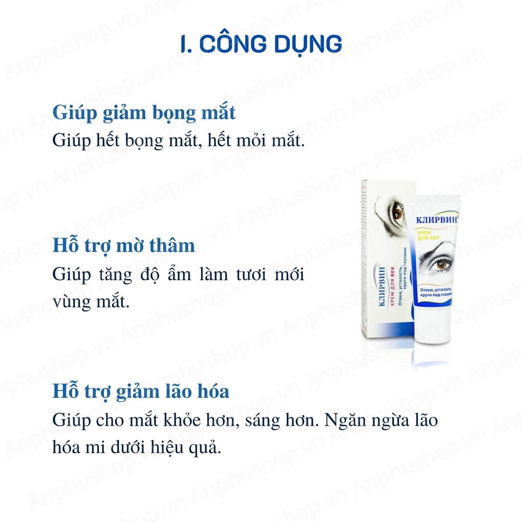 Kem dưỡng mắt Klirvin Nga, kem dưỡng mắt, giảm mỏi mắt, bọng mắt, thâm mắt - Sản phẩm chính hãng