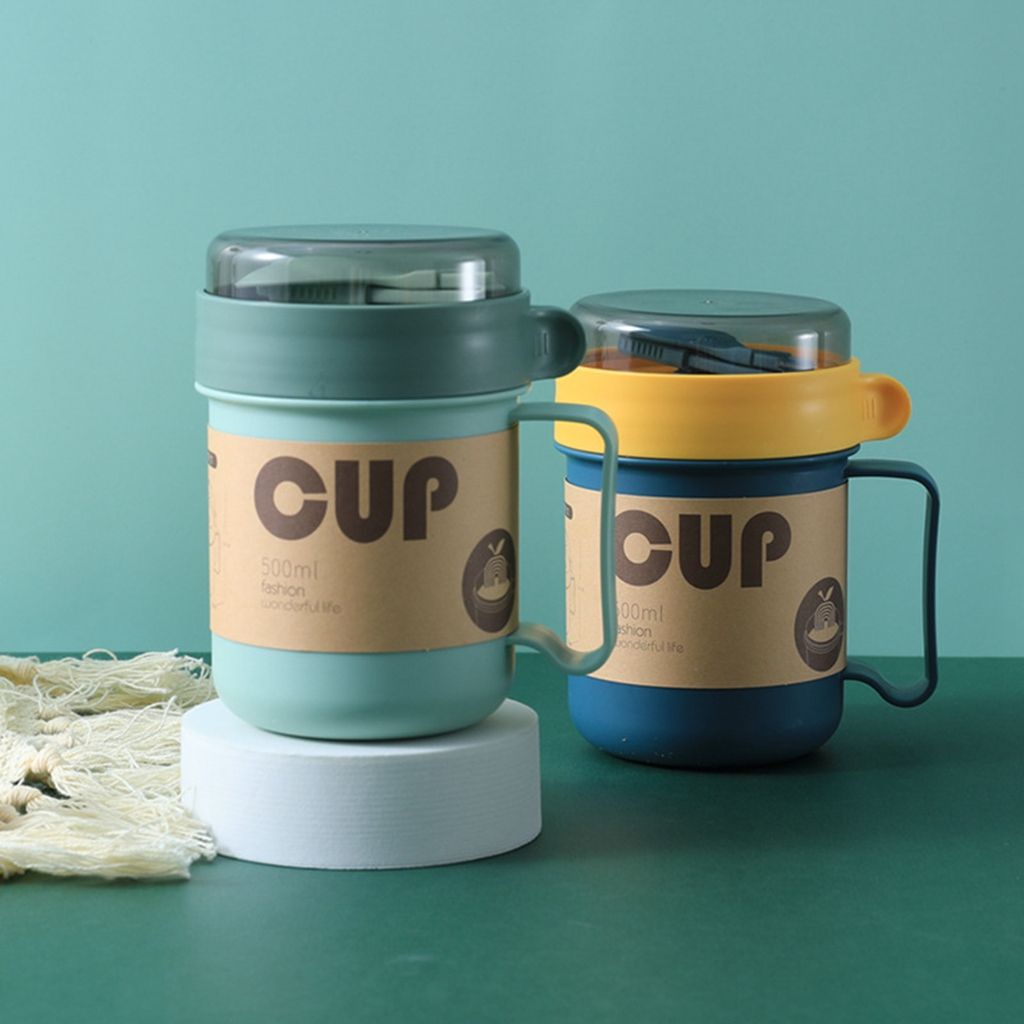 1 cốc đựng súp/cà phê bằng nhựa màu trơn không rò rỉ kiểu Nhật Bản dung tích 500ml