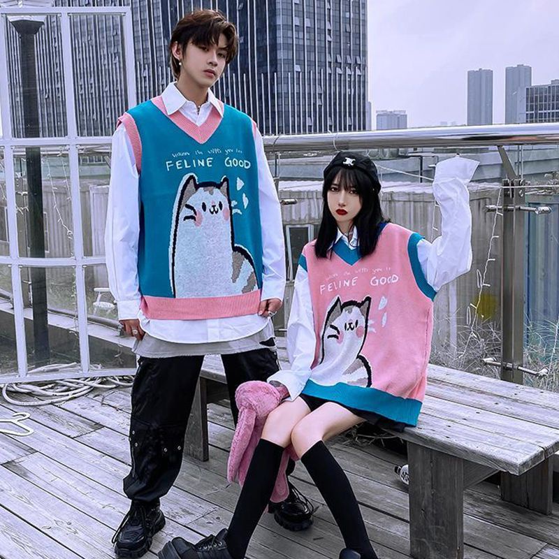 Áo Dệt Kim Sát Nách Dáng Rộng Kiểu Hoạt Hình Mèo Đáng Yêu Cho Cặp Đôi
