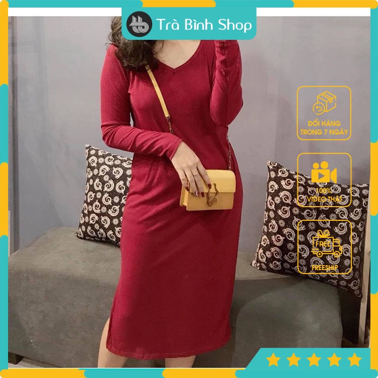 Váy Suông Rộng Basic Cổ Tim Xẻ Cạnh Dáng Dài Chất Thun Len Tăm Đầm Suông Nữ Dáng Rộng