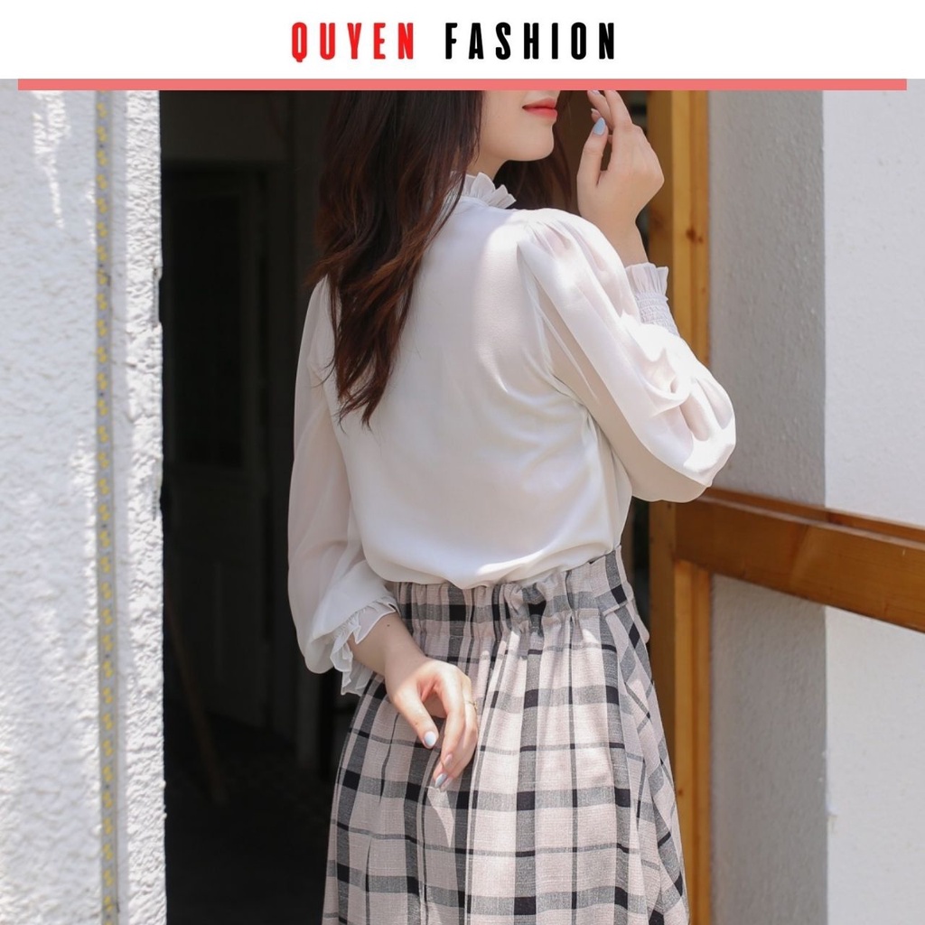 Chân váy midy kẻ thắt nơ, chun sau cạp liền, thời trang công sở nữ Quyên Fashion
