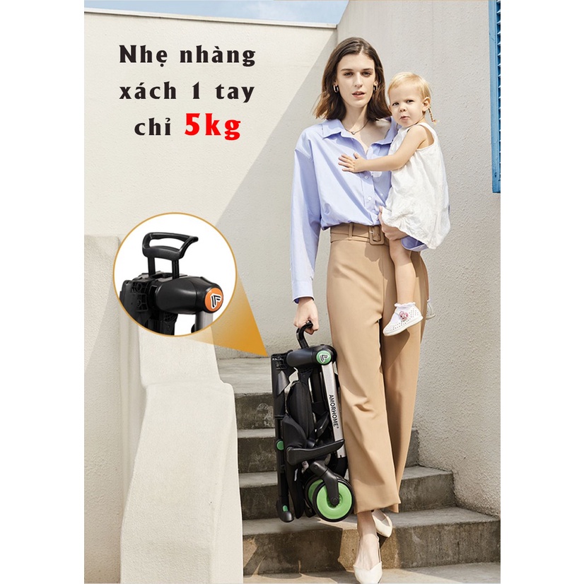 Xe đẩy du lịch AMORHOME cho bé từ 6 tháng đến 6 tuổi siêu gọn, siêu nhẹ trọng tải đến 60kg đi máy bay, CHÍNH HÃNG