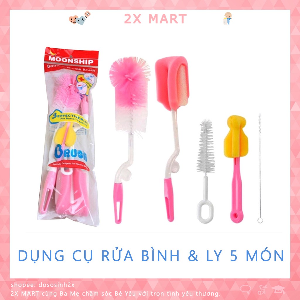 Cọ rửa bình sữa và ly bộ 5 chi tiết, Bộ cọ rửa bình sữa cho bé, Thông núm ti, Rửa chén- 2X MART